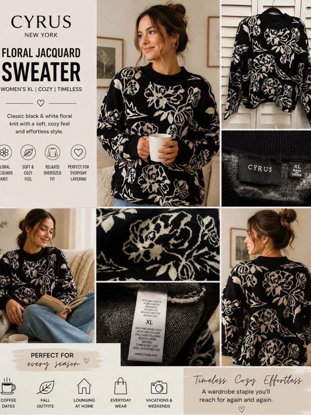 CYRUS New York Chunky Sweater XL Black White Floral Jacquard Cottagecore Grandma